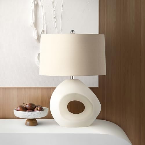 Table Lamp Iris Sculptural 23 Modern Organic Cream Ceramic Open-Circle Base with Grey Linen Shade E26 Bulb Included Stylish Desk Lamp for Bedroom, Living Room Lamp, Dorm or Nightstand