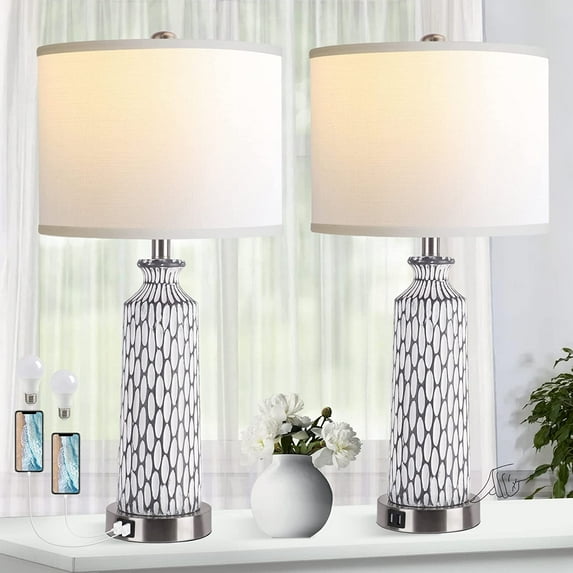 Table Lamp for Living Room,Bedside Lamps for Bedroom Set of 2 with USB A+C Ports,3-Way Dimmable Touch Control, Modern Coastal White Grey Resin Nightstand Lamp, Included 2700K LED Bulbs