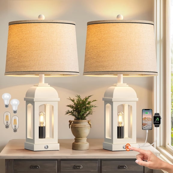 Table Lamp for Living Room, Farmhouse Lamps Set of 2 with USB A+C and Nightlight, 26" Rustic Bedside Lamps with 3-Way Dimmable, Touch Nightstand Lamp for Bedroom, White