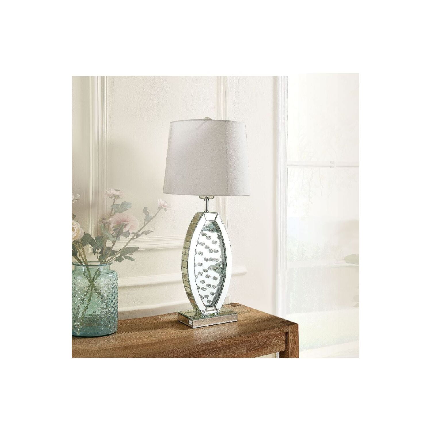 Glam Mirrored Table Lamp with Faux Crystals and White Drum Shade