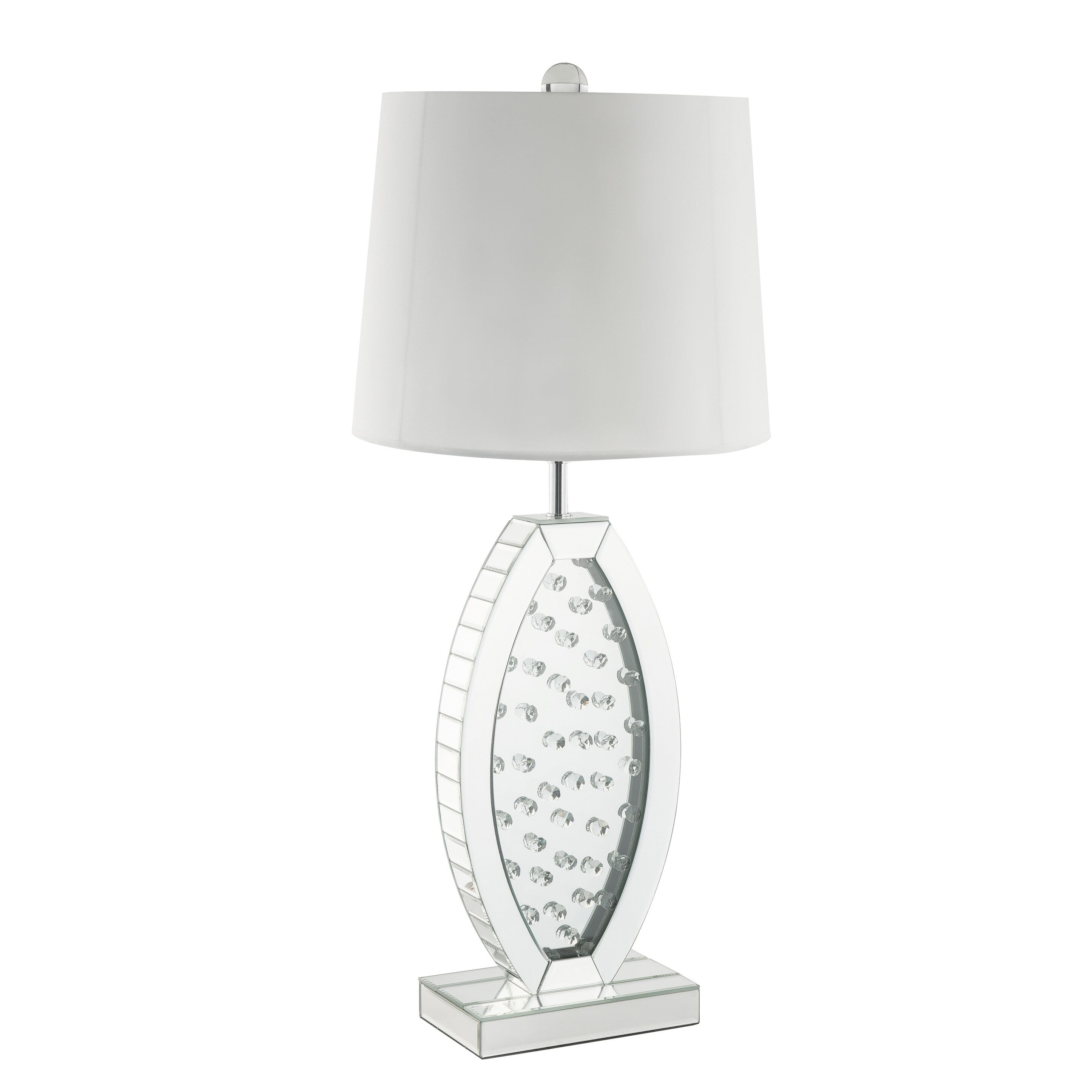 Glam Mirrored Table Lamp with Faux Crystals and White Drum Shade