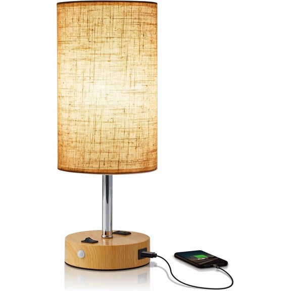 Table Lamp with Motion Sensor or Constant on Mode, USB Lamp Include One LED Bulb, Built in 1 USB Port & 1AC Outlet, Bedside Lamp Idea for Bedroom, Hallway, Bath Room