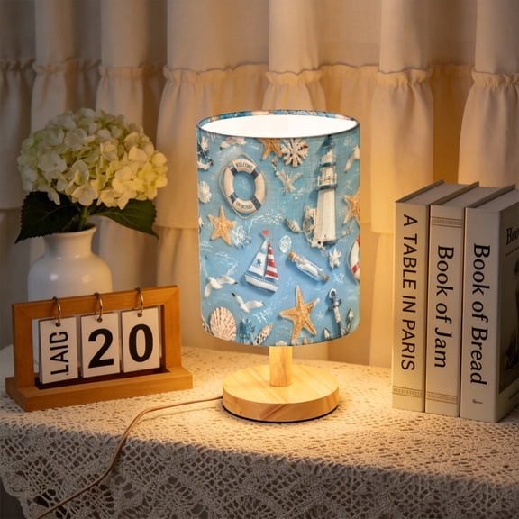 Table Lamp, Nautical Sailboats Anchors and Lifebuoys Pattern, 7.87 x 11.81 in Bedside Nightstand Light with Wood Base and Fabric Shade for Bedroom Living Room Kids Room Office