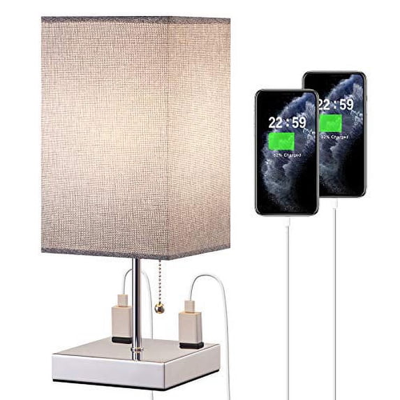 Table Lamp with Outlet, Bedside Lamp with 2 Useful 2-Prong A/C Outlets, Small Desk Light with Gray Fabric LampShade, Small Nightstand Lamp for Bedroom Living Room Home Office