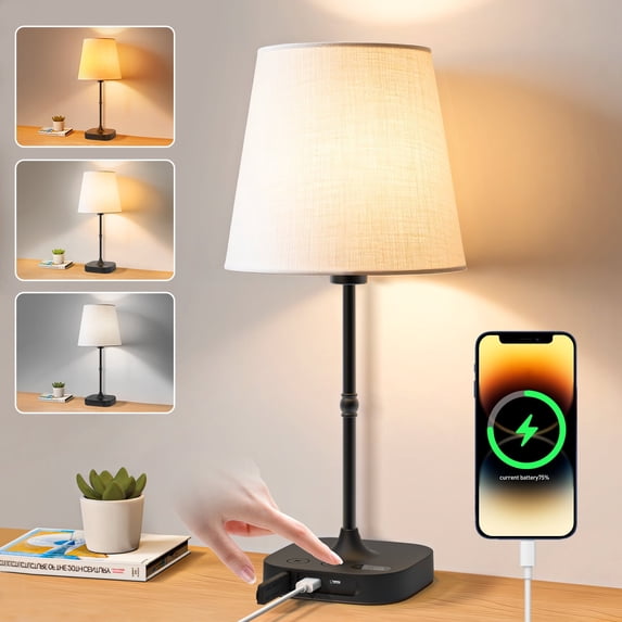 GPED Bedside Table Lamp for Bedroom, 3 Color Temperatures Cordless Bedside Lamp, 5 Way Dimmable Touch Table Lamp with USB Port, Rechargeable Desk lamp with Fabric Shade for Living Room(Black)