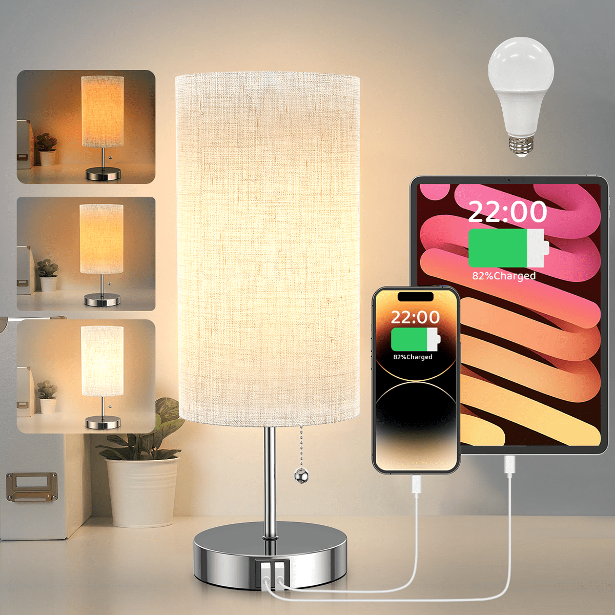 GGOYING Set of 2 Bedside Table Lamp, Pull Chain Table Lamp with USB C+A  Charging Ports, 2700K LED Bulb, Fabric Linen Lampshade, Nightstand Lamp for