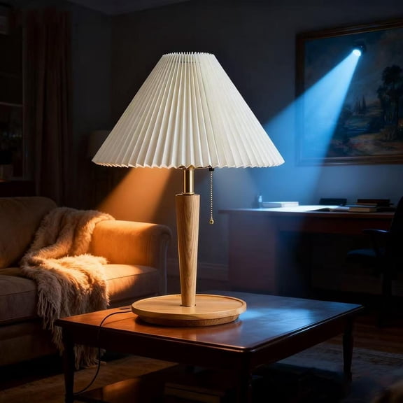 Table Lamp with Pull Chain Bedside Lamp 3 Way Dimmable Solid Wood Base Desk Lamp with Led Light Bulb Side Table Lamp for Bedroom Living Room Desk Nightstand Lamp (Log Color, 21in*14in)