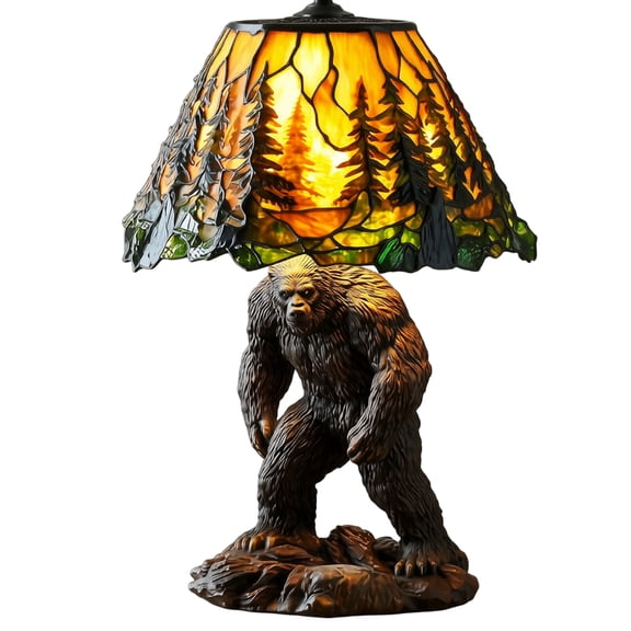 Table Lamp Sasquatch Sculpture Base Stained Glass Forest Shade Rustic Accent LightingforCabin Living Room GiftforNature Lovers