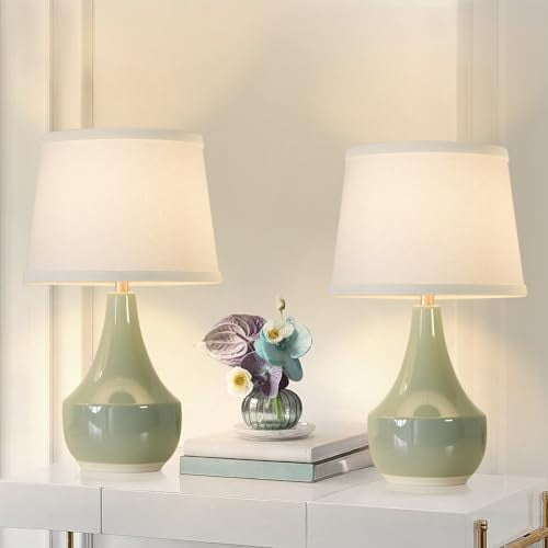 Table Lamp Set of 2, 18.63” Ceramic Table Lamp Classic Beside Lamps Nightstand Lamp Modern Lamp for Living Room, Bedroom & Office Rocker Swtich Sage Green-LED Bulbs Included