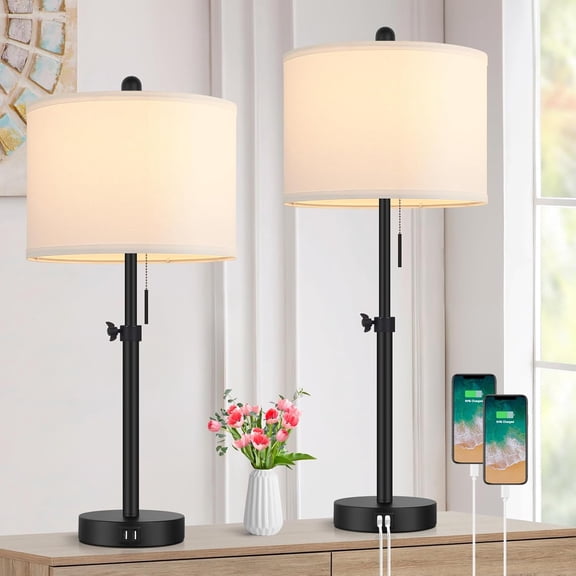 Table Lamp for Set of 2, 23" to 30" Height Adjustable Bedside Lamp with 2 Ports, Black Nightstand Lamp with White Shade, Modern Pull Chain Table Lamp for Room End Table