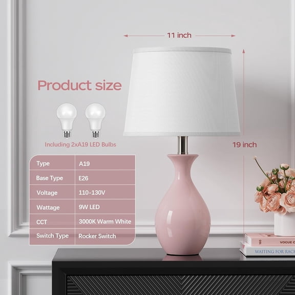 Table Lamp Set of 2, Modern Ceramic Bedside Lamps for Night Stands, Classic Small Lamp Nightstand Lamp for Bedroom Living Room Desk End Table Rocker Switch Pink