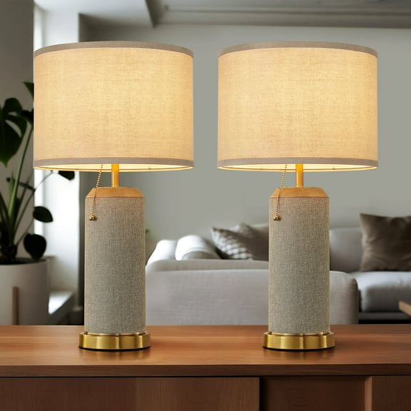Table Lamp Set of 2 with Beige Fabric Shade Farmhouse Pull-Chain Switch Table lamp with grey fabric base Nightstand Bedside Lamps