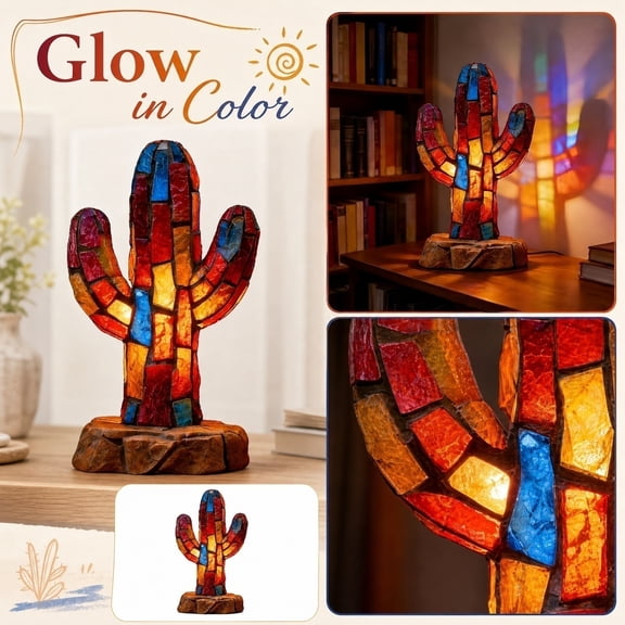 Table Lamp, Stained Glass Lamp, Cactus Decor, Boho Table Decor, 5X4X7 Inch Resin Cactus Statue Led Night Light, Mosaic Glass Accent Tabletop Lighting for Bedroom Side Tables