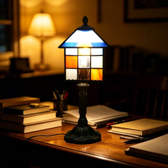 Table Lamp with Stained Glass Shade, Vintage Style USB Powered Desk Lamp, Mid Century Modern Bedside Nightstand Decorative Lamps,Unique Accent Light for Bedroom Living Room Office