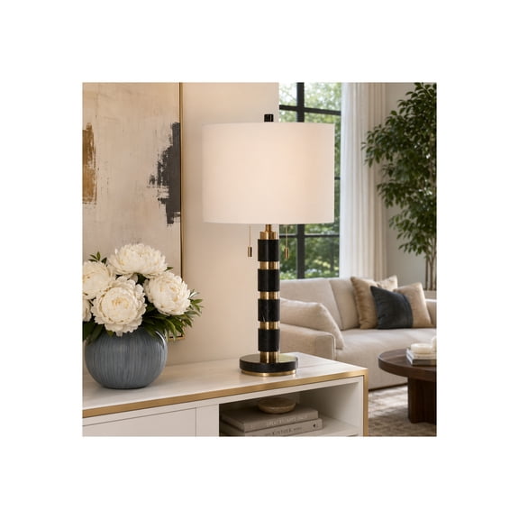 Round Stacked Marble Table Lamp for Home Decor - Decorative Accent Lamp for Office and Living Room Side Table - Modern Bedroom Lamp for Bedside and Nightstand Decor - 28", Black & Gold