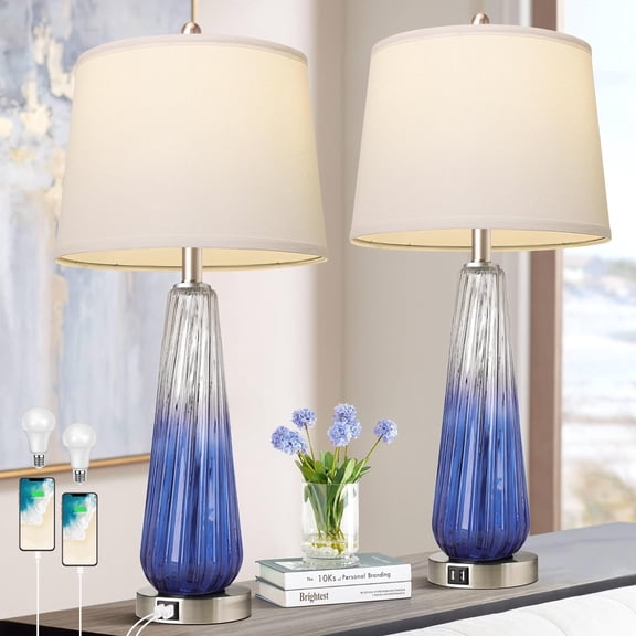 Table Lamp Table Lamps Set of 2 with Touch Control, 3-Way Dimmable Modern Glass Bedside Lamps with USB A+C Ports, Nightstand Lamp with White Fabric Shade, 27.5" Large Lamps for Living Room Bedrooms D