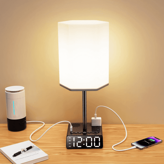 Table Lamp with USB Ports and AC Power Outlets, Bedside Lamp with Alarm Clock Base and Speaker, 6Ft Extension Cord, Hexagonal Cylinder Lampshade Modern Nightstand Lamps for Bedrooms Living Room