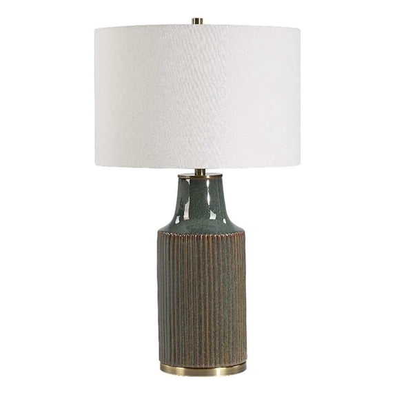 Table Lamp- White Linen Shade- Ribbed Ceramic Base- 27 Inch