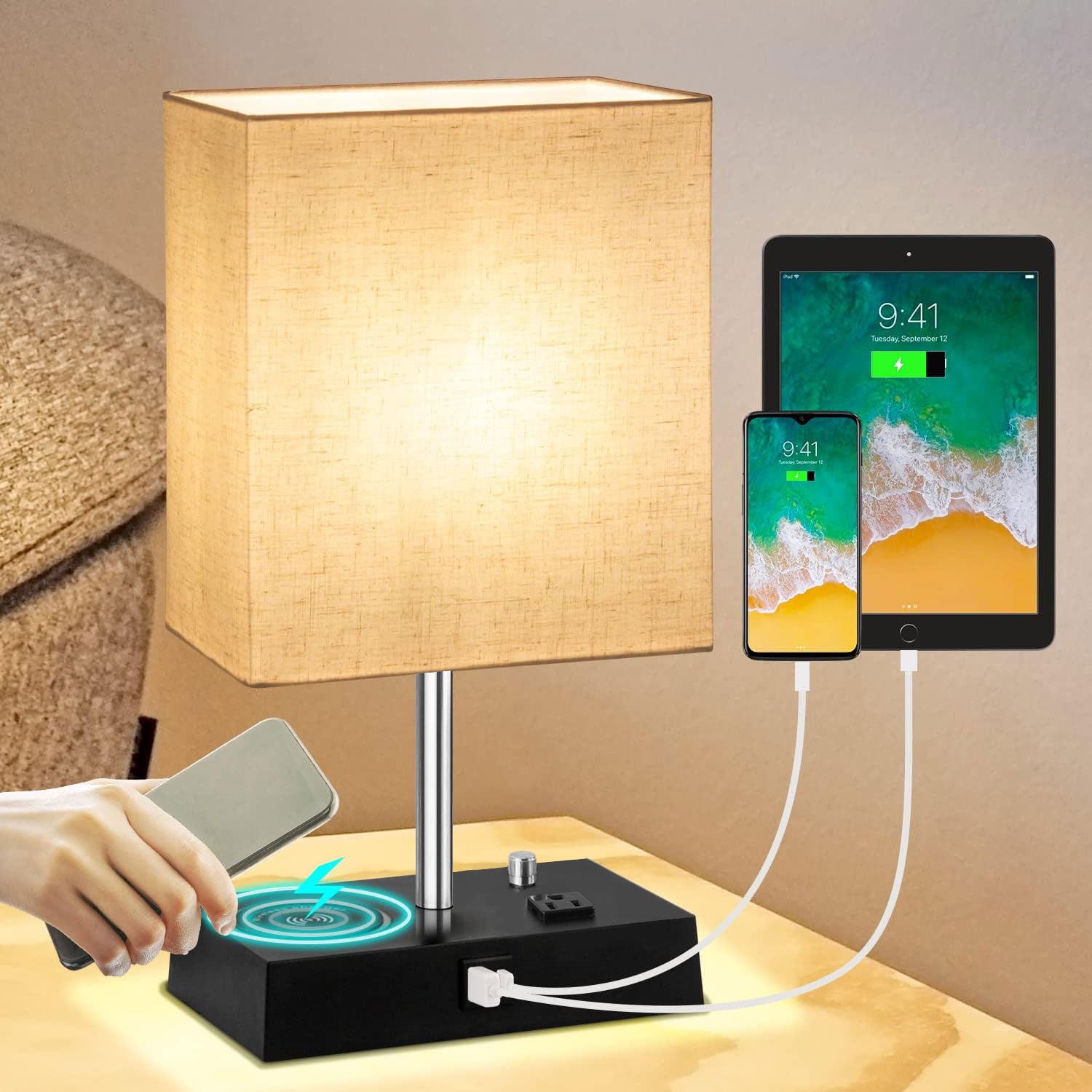 Table Lamp with Wireless Charging, USB & Type C Ports Fabric Linen