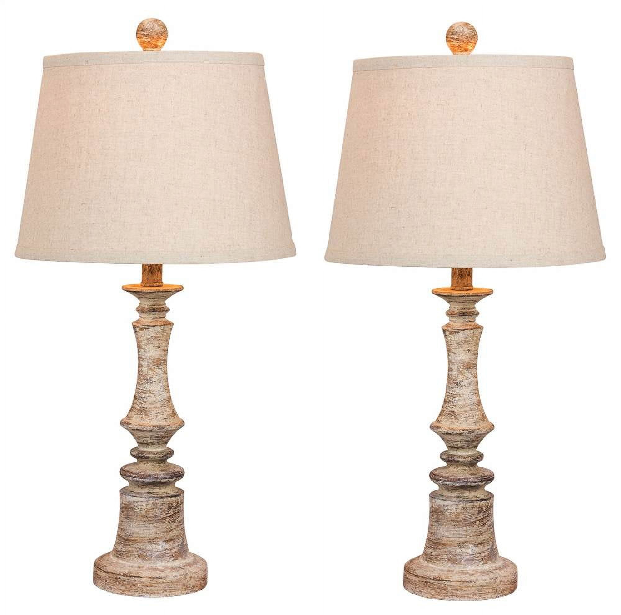 Set of 2 Antique Beige Candlestick Resin Table Lamps with Oatmeal Shades