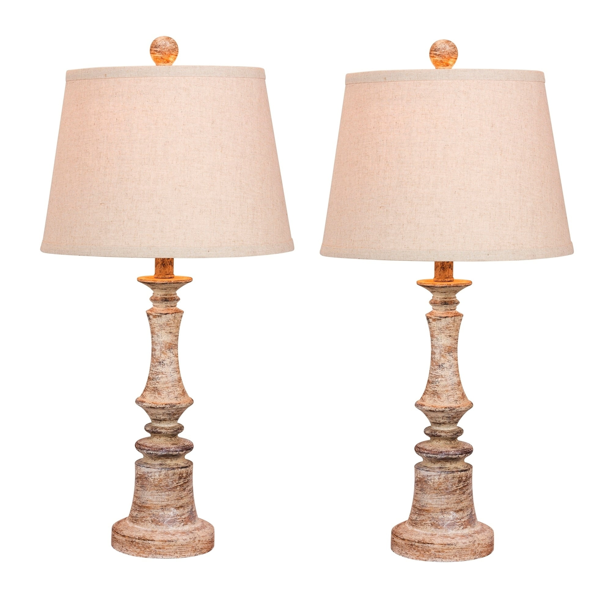 Set of 2 Antique Beige Candlestick Resin Table Lamps with Oatmeal Shades