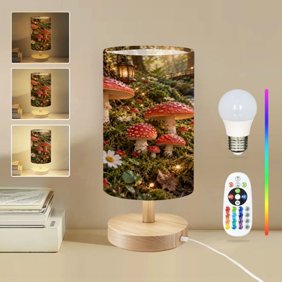 Table Lamp mushroom waterfall Forest wood 16 Color Dimmable Red bridge leaves Wildflowers Soft snail Small Bedside Lamp Nightstand Light for Bedroom Nursery with Wood Base Linen Shade Gifts for Kids