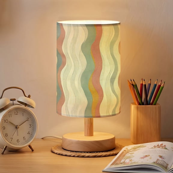 Table Lamp stripe wave pink pastel boho 16 Color Dimmable vertical geometric modern abstract soft Small Bedside Lamp Nightstand Light for Bedroom Nursery with Wood Base Linen Shade Gifts for Kids
