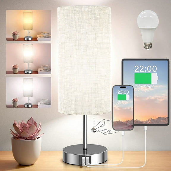 Table Lamp with 2 USB Charging Ports and Fabric Linen Lampshade Silver Base for Living Room, Dorm, Home Office