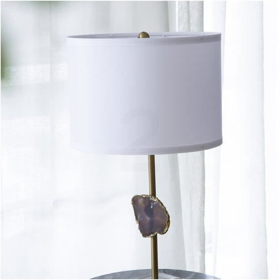 Table Lamp with Gold Metal Frame Agate Slice Accent and White Drum Shade 14 x 14 x 25.2 Inch