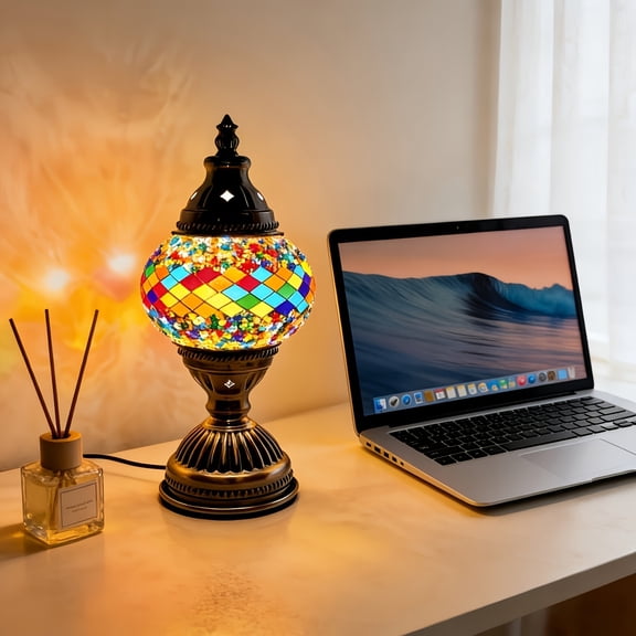 Table Lamp with Handmade Mosaic Glass Shade, USB LED Bedside Night Light for Bedroom Decor