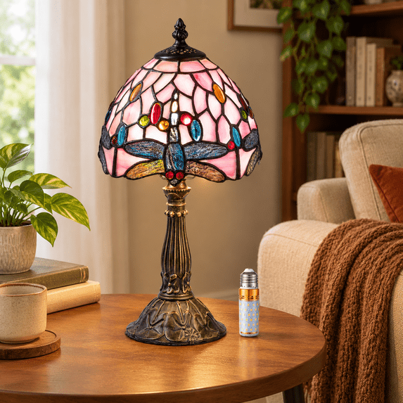 Table Lamp with Pink Dragonfly Stained Glass Shade, 3 Color-Temperature ...