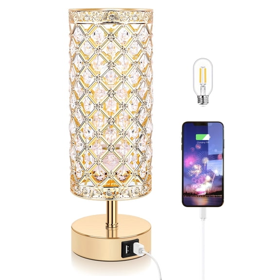 Table Lamp with USB Ports and Crystal Shade, 3-Way Dimmable Bedside Nightstand Light, Gold