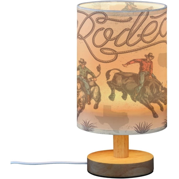 Table Lamp with USB Retro Rodeo Bulls Bedroom Nightstand Lamps, Wild Cowboy Wood Base LED Desk Light for Living Room, Office