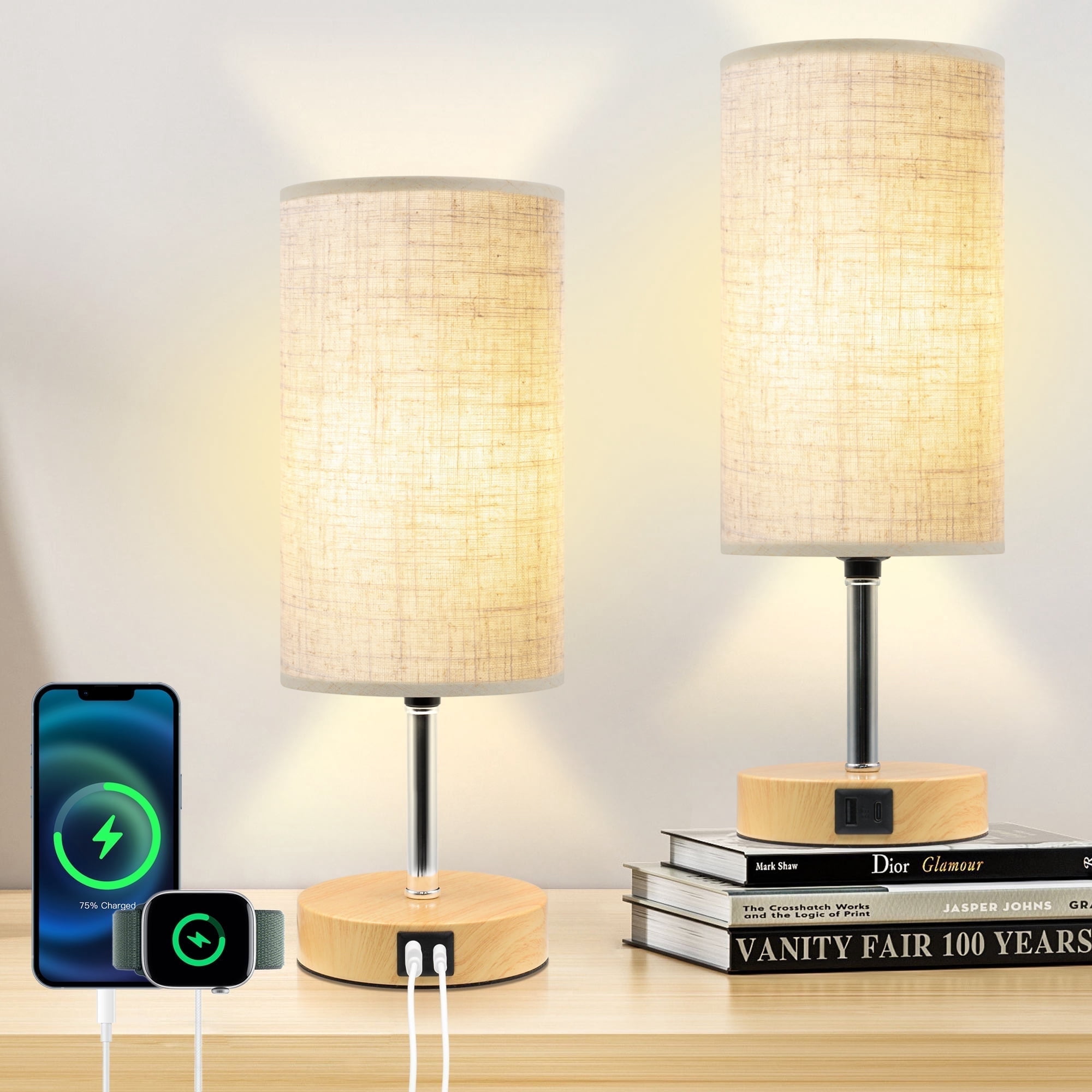 Sentryse 2Pcs Bedside Table Lamp for Bedroom, 3 Way Dimmable Touch Table Lamp with USB A&C, Round Linen Shade Small Desk Lamp, Nightstand Lamp for Bedroom, Dorms, Living Room, Office