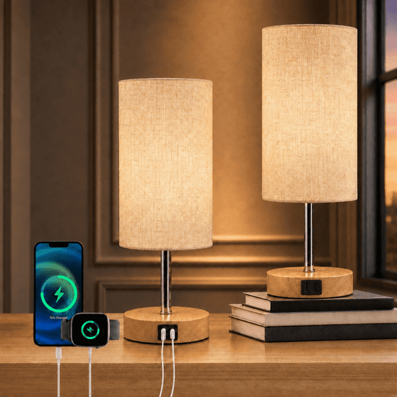 Sentryse Touch Control Table Lamps Set of 2, 15.5-inch 3-Way Dimmable with USB-A and USB-C Charging Ports, Wood Grain Base, 2 LED Bulbs, Beige