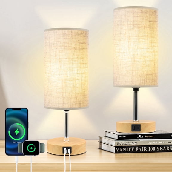 Sentryse 2-Pack 15.5-Inch Touch Table Lamps, Wood Grain & Linen Fabric, 3-Way Dimmable with USB A & C Charging Ports, Modern for Bedroom Bedside Nightstand, Beige