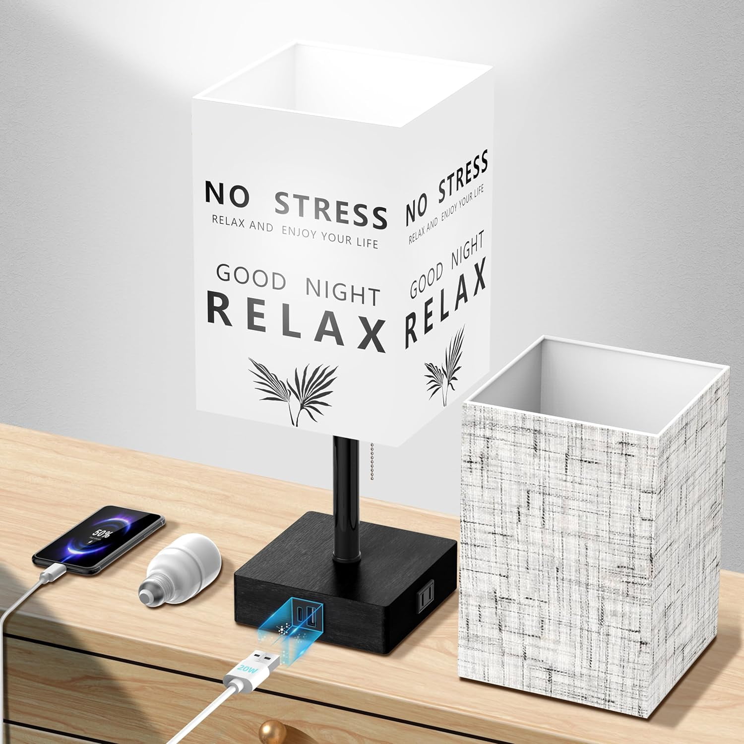 Table Lamps with 20W USB C + A Fast Charger Port & AC Outlet, Simple Lamp for Bedroom, Solid Wood Nightstand Lamps with 2 Shades, for Living Room Home Office Dorm (Bulb Included)