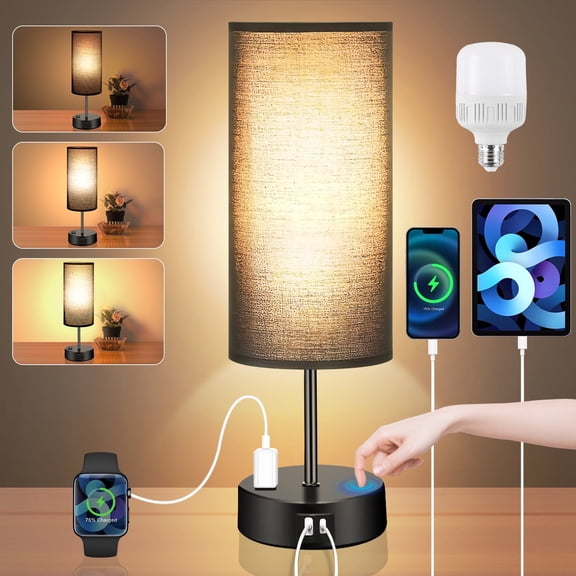 Table Lamps for Bedroom, 3 Way Dimmable Touch Control Bedside Lamp with USB C+A Fast Charging Ports, Nightstand Lamp for Office, Living Room, Reading(E26 Light Bulb Included), Black