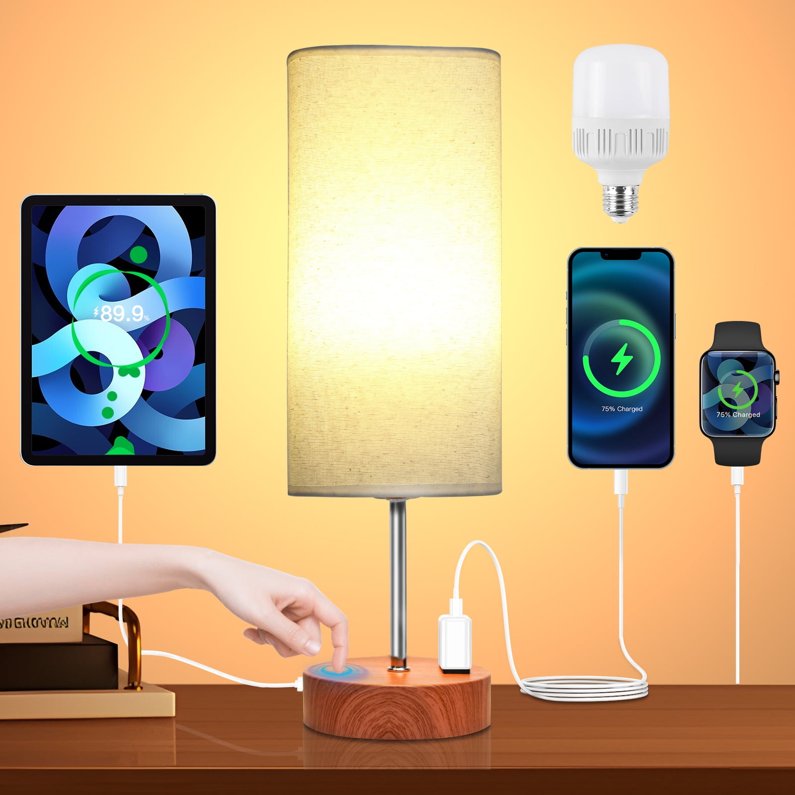 Table Lamps for Bedroom Touch Control Bedside Lamp with USB C A
