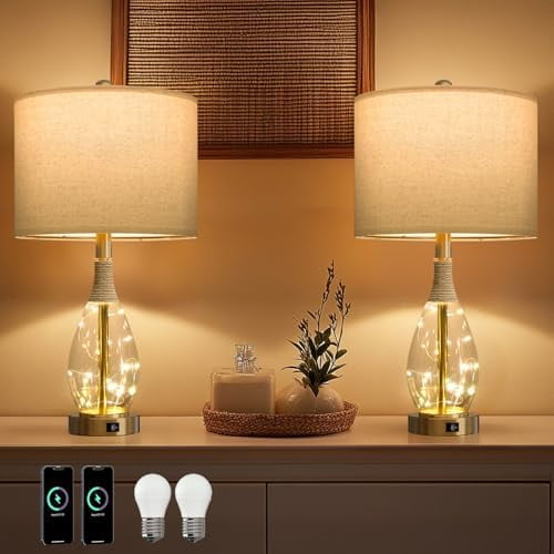 Table Lamps for Living Room Set of 2 Bedside Lamps for Night Stands Bedroom Lamps Farmhouse Rattan Boho Lamp Glass Nightlight End Table Lamp with USB C+A (Gold),Two Light Points