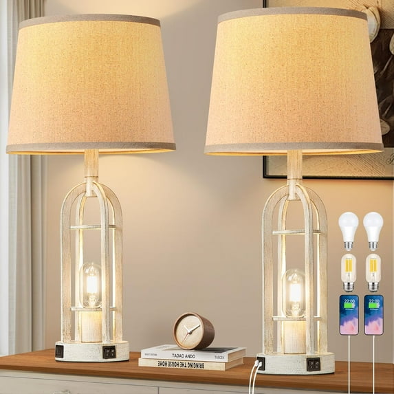 Table Lamps for Living Room Set of 2 - Farmhouse Lamps for Night Stands with USB A+C, Bedside Lamps for Bedroom, 24'' Vintage Lamp for Living Room End Tables