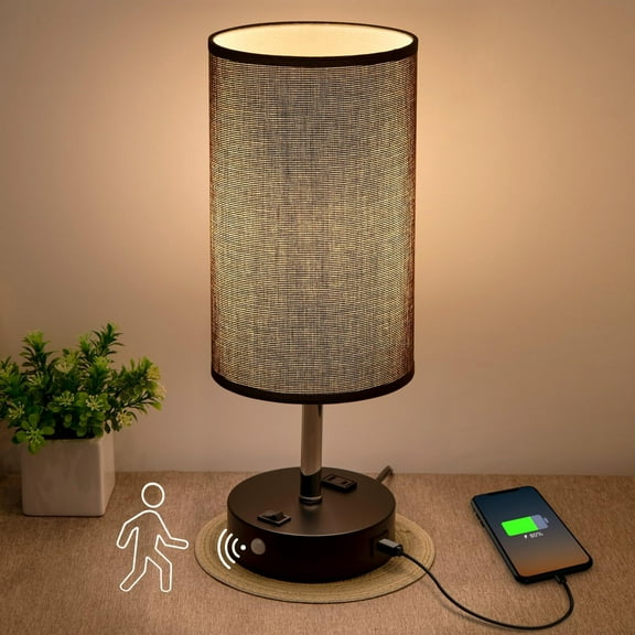 Table Lamps with Motion Sensor and Constant on Two Modes, USB Lamp with Warm White Bulb, Fabric Shade, Built-in USB Port & AC Outlet - Bedside Table Lamp for Bedroom or Living Room