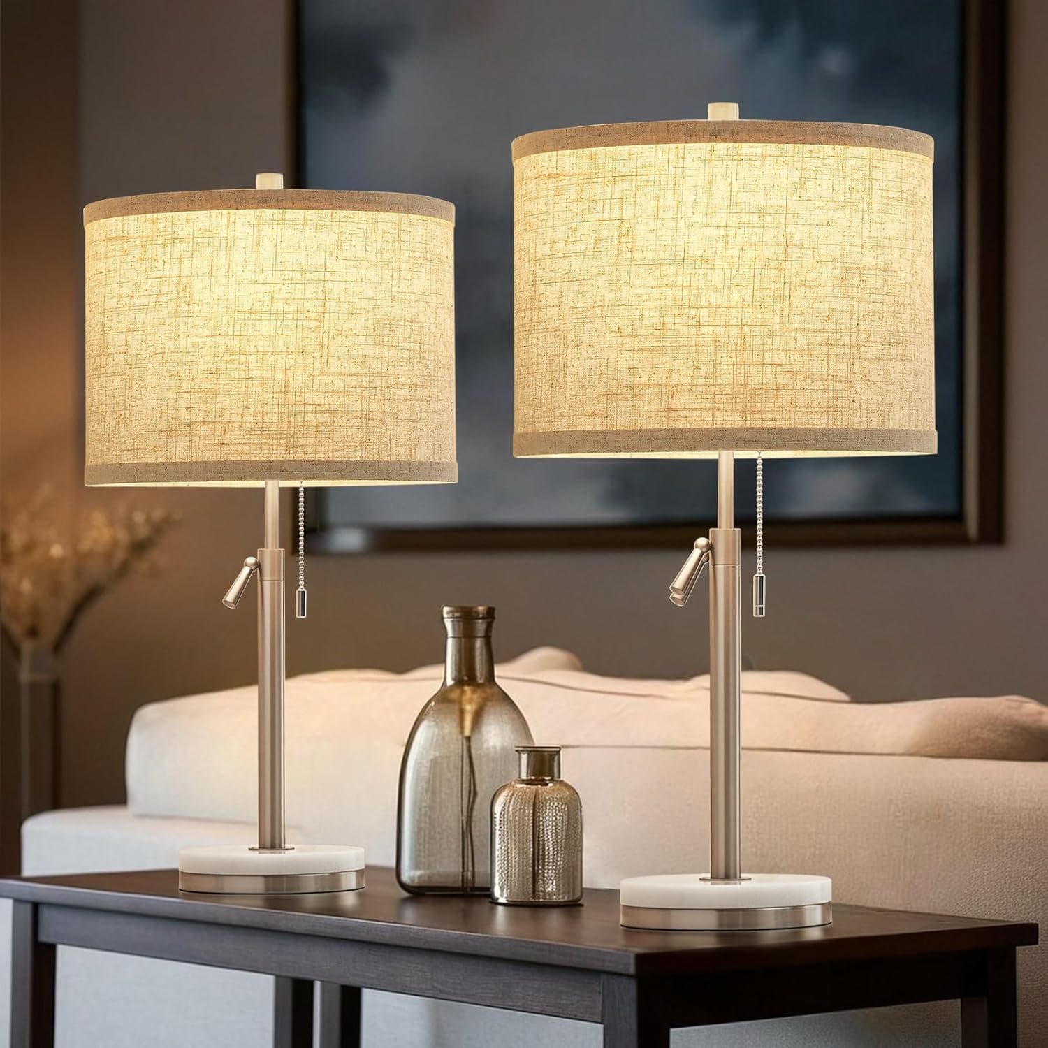 Table Lamps Set of 2, Adjustable Height Bedside Lamps Marble Table ... - Practical Table Lamps With Pull Chain