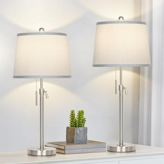 Table Lamps Set of 2, Bedside Lamp Silver Tall Table Lamps for Living Room End Tables, 22" to 30" Adjustable Height Lamp for Bedroom Nightstand Farmhouse with Pull Chain(Bulbs Included)