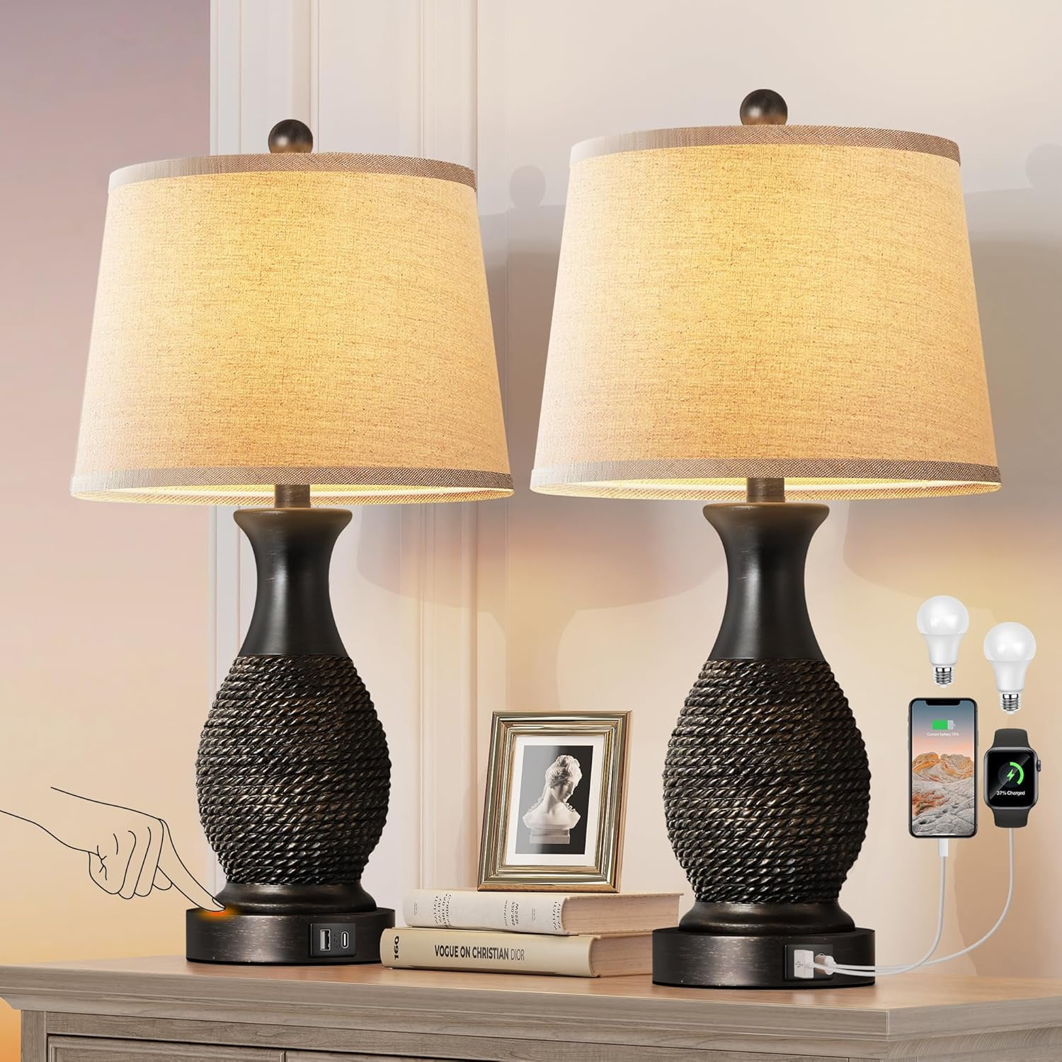 Table Lamps Set of 2, Bedside Touch Lamp with USB C+A Charging Ports ...
