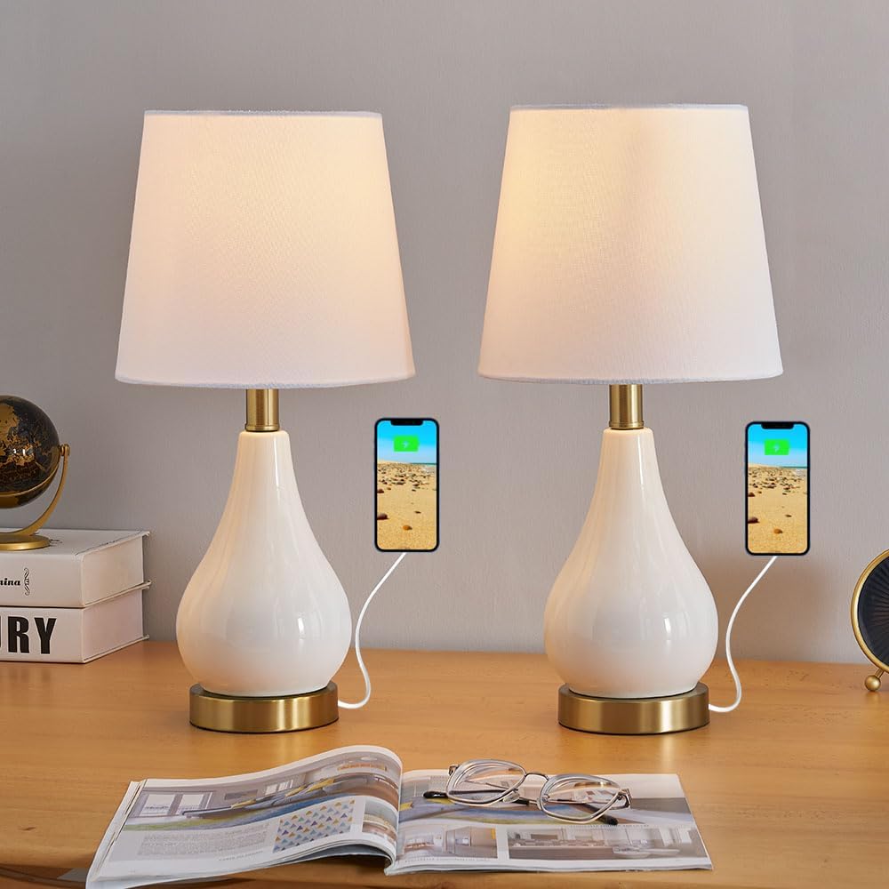 Table Lamps Set of 2, Ceramic Bedside Nightstand Lamp with USB Charging