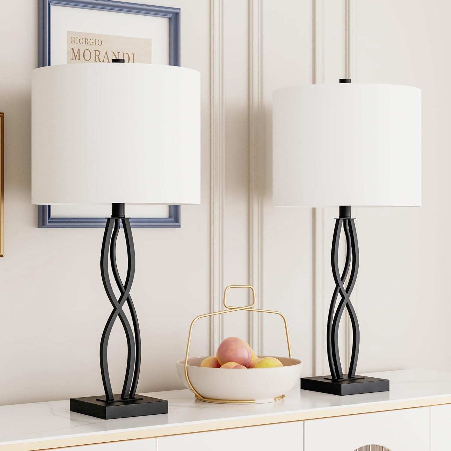 Buffet Lamps Set Of 2 - 30 Inch Tall Matte Black Table Lamps With Linen Shades For Living Room, Dining Room, Entryway