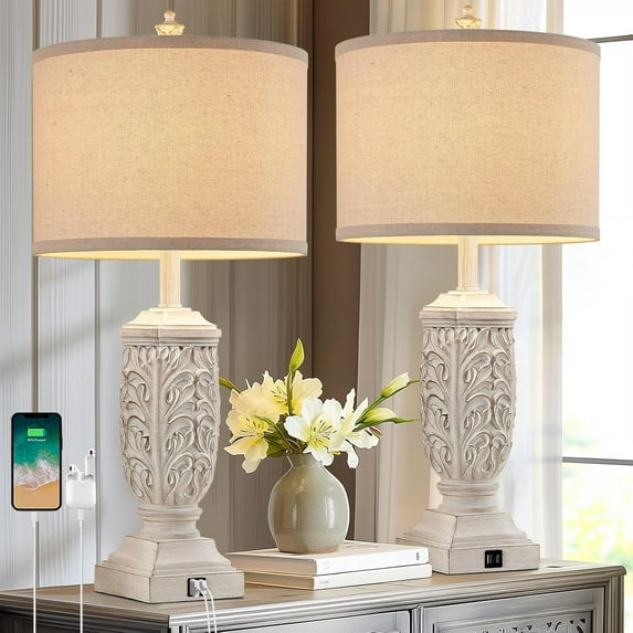 Table Lamps Set of 2 for Living Room, Farmhouse Bedside Lamp with USB C+A for Bedroom, 28.5" Tall Rustic Nightstand Lamps with Linen Fabric Shade,White Elegante Lamps for Hotel Office Decor