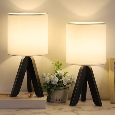 2-Pack Wooden Tripod Table Lamps With Fabric Shade - Bedside Nightstand Lamps, Includes 60W Bulbs, For Bedroom & Office