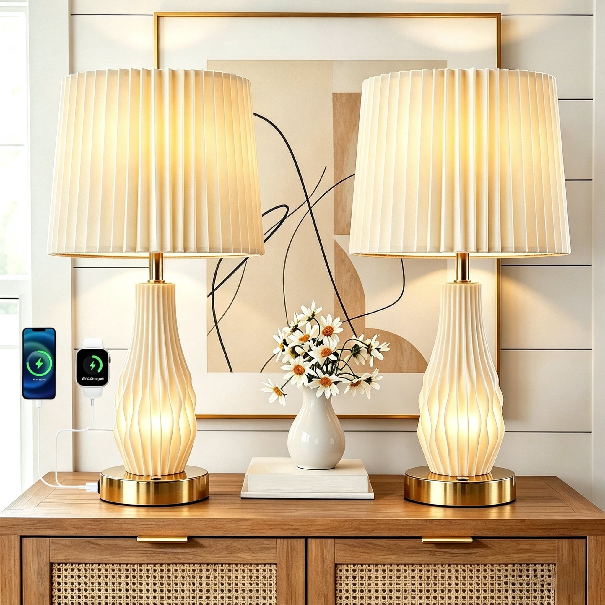 HadinEEon 18.5" Table Lamp Set of 2, Beside Lamp with USB A&C Ports and Night Light, Touch Control 3 Way Dimmable, for Living Room Bedroom Office
